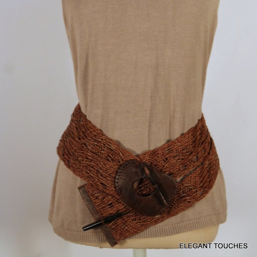 Vintage Susan Riedweg Braided Leather Wide Belt S / M Womens '90s BOHO Brown - Picture 2 of 8